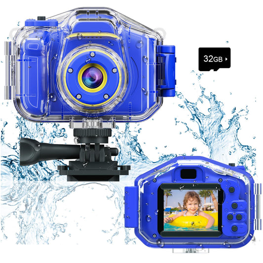 Agoigo Kids Waterproof Camera - Children Underwater HD Video Digital Camcorder, Portable Travel Toy for Toddler - Ideal Christmas Birthday Gifts for Boys Girls Age 3-12 with 32GB Card (Dark Blue)