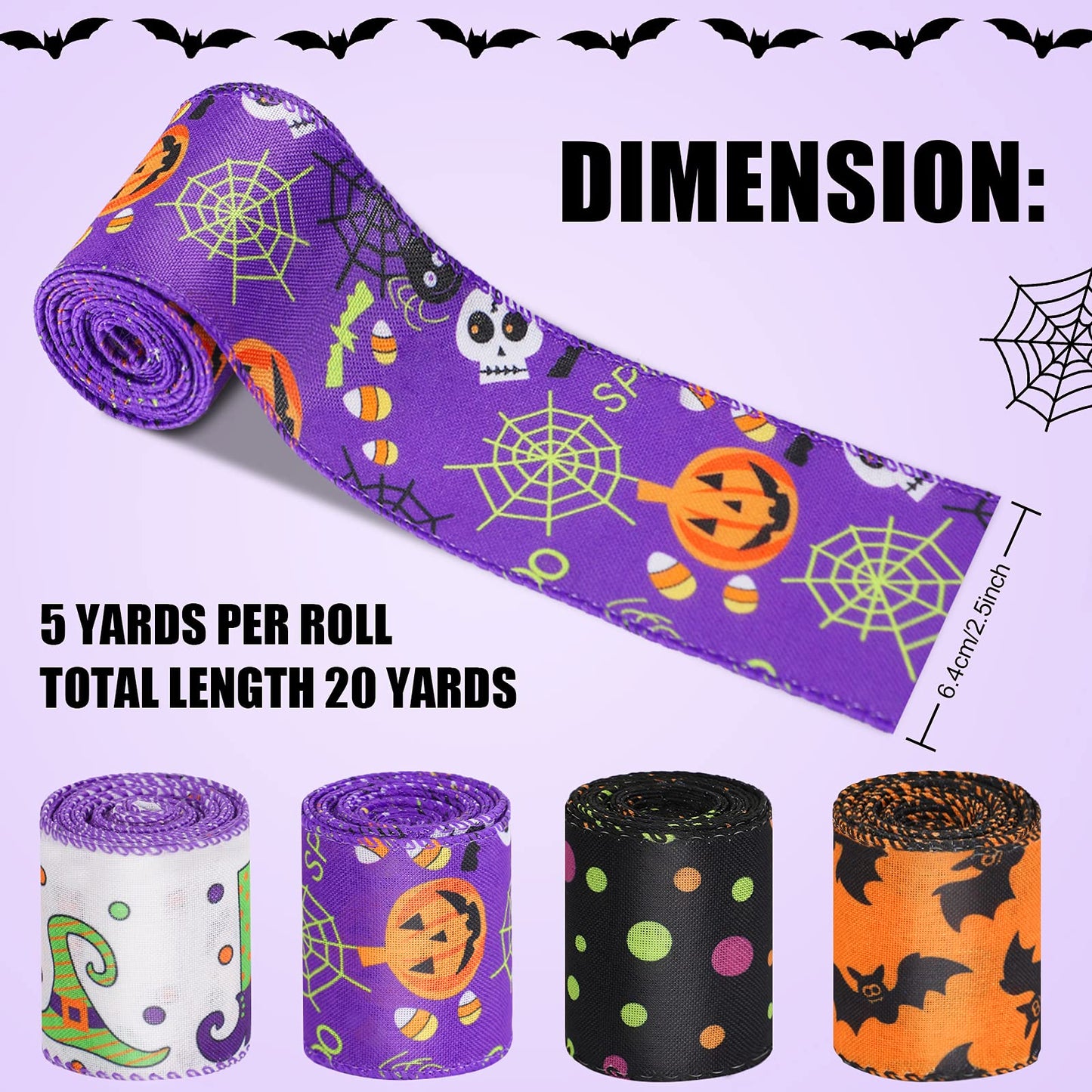 4 Rolls 20 Yards Halloween Wired Edge Ribbon Spider Web Printed Grosgrain Ribbons Halloween Theme Holiday DIY Craft Wrapping Ribbon for Home Party Decor