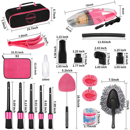 HORDALOR Pink Car Interior Detailing Kit, 16Pcs Car Cleaning Kit with High Power Handheld Vacuum, Detailing Brush Set, Cleaning Gel, Windshield Cleaning Tool, Complete Car Cleaning Supplies for Women