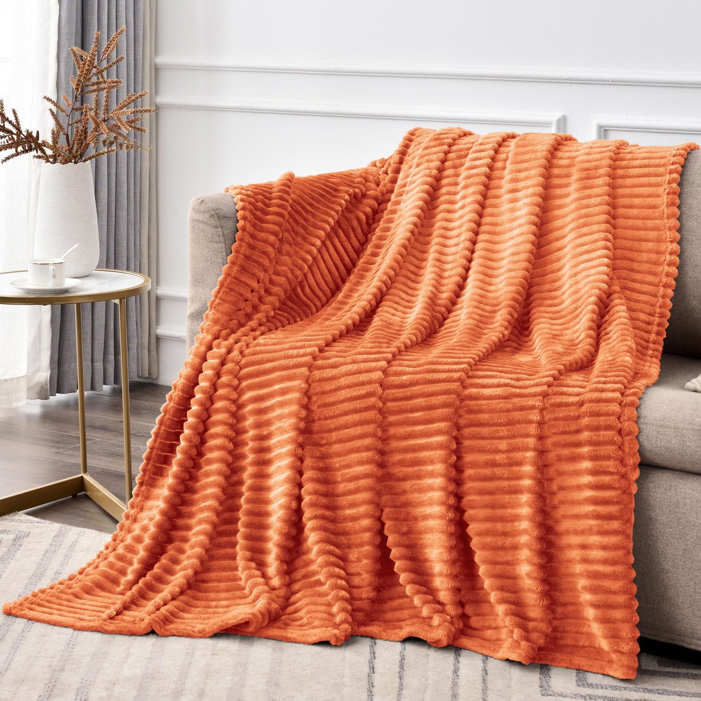 BEDELITE Fleece Blanket Queen Size, 3D Ribbed Jacquard Soft & Warm Decorative Blankets – Cozy, Fuzzy, Fluffy, Plush Lightweight Throw Blankets for Couch, Bed, Sofa(Orange, 90x90 inches)