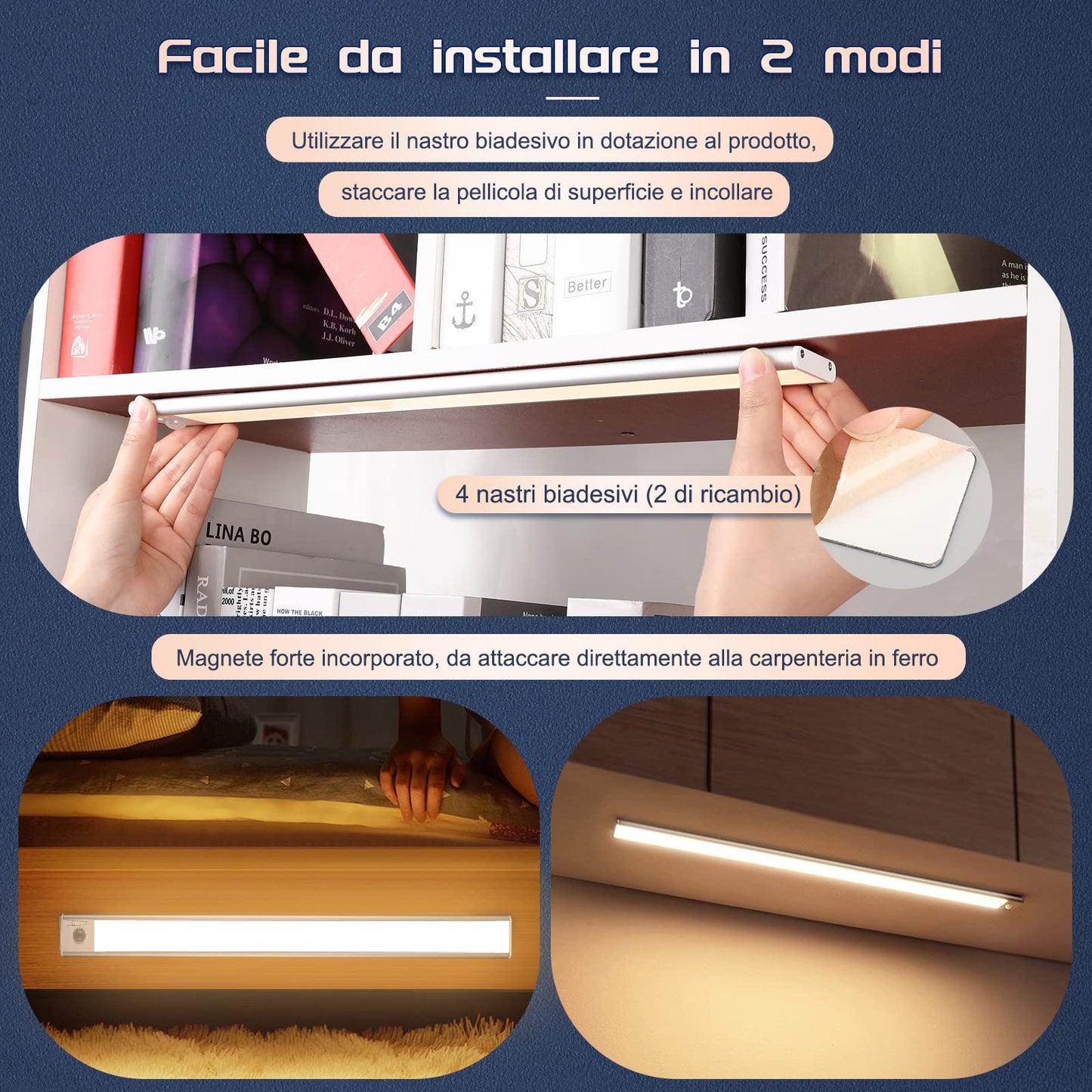 AiQInu 146 LED Cabinet Light with Motion Sensor, USB Rechargeable LED Under Cabinet Light, 40 cm Dimmable Cabinet Light with Magnetic Strip Sticker for Kitchen, Stairs, Corridors