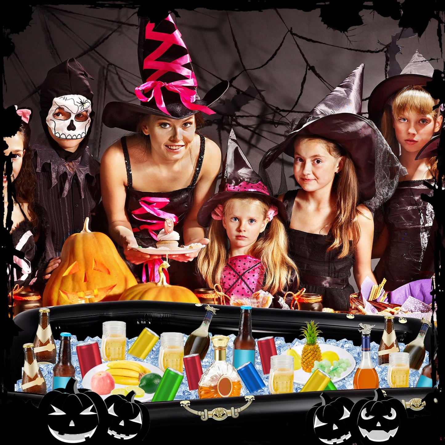 Aoriher 52 Inch Halloween Inflatable Coffin Cooler Fake Coffin Floatie Drink Ice Chest Buffet Bucket Beverage Cooler for Pool Picnic Halloween Party Decoration