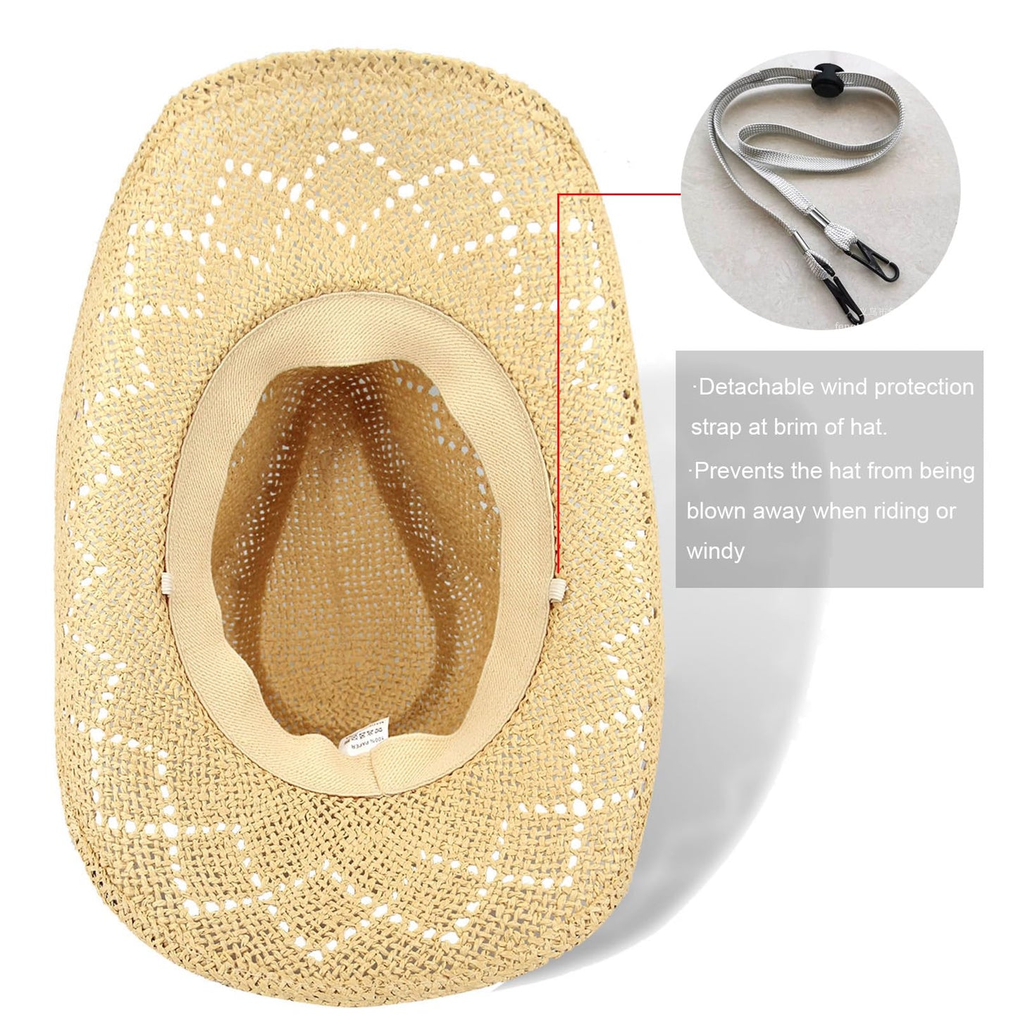 Women's Western Cowgirl Hat Men's Cowboy Hat Straw Cowboy Hat Woven Sun Hat Western HatUnique Two Decorative Bands (US, Alpha, One Size, X-Large, Beige-Eyestone)