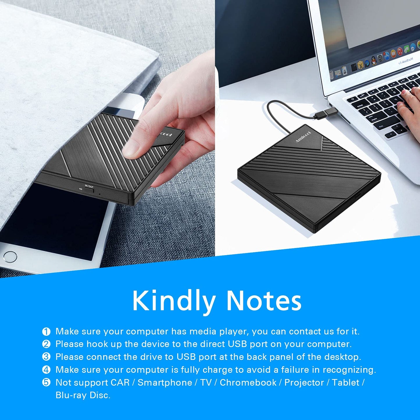 Amicool External DVD Drive USB 3.0 USB C CD Burner CD/DVD +/-RW Optical Drive, Slim Portable DVD CD ROM Rewriter Writer Duplicator for Laptop Desktop PC Windows 11/10/8/7 MacBook Mac Linux OS Apple