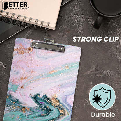 Better Office Products Fashion Clipboard, Marble Design, Standard A4 Letter Size, 12.5" x 9", Wooden Clipboard, Low Profile Clip with Retractable Hanging Tab, Decorative Clipboard (Marble Swirl)