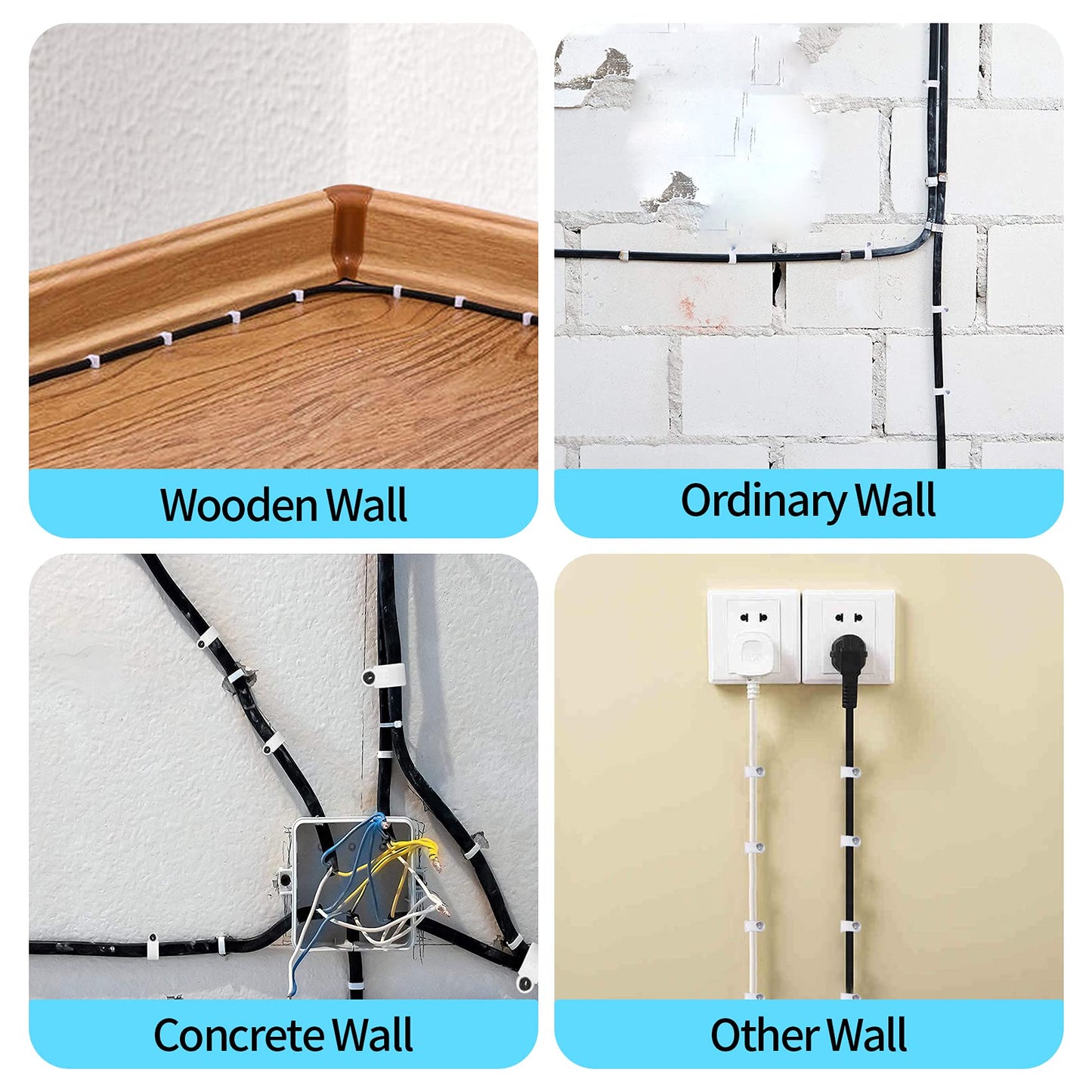 Abnii Cable Clips, 400 Pcs, 4mm 6mm 8mm 10mm, Wire Wall Clips with Steel Nails, Ethernet Cable Clips, Cable Tacks Coax Cable Clips, RG6 RG59 CAT6 RJ45 Cable Cord Clips, White…
