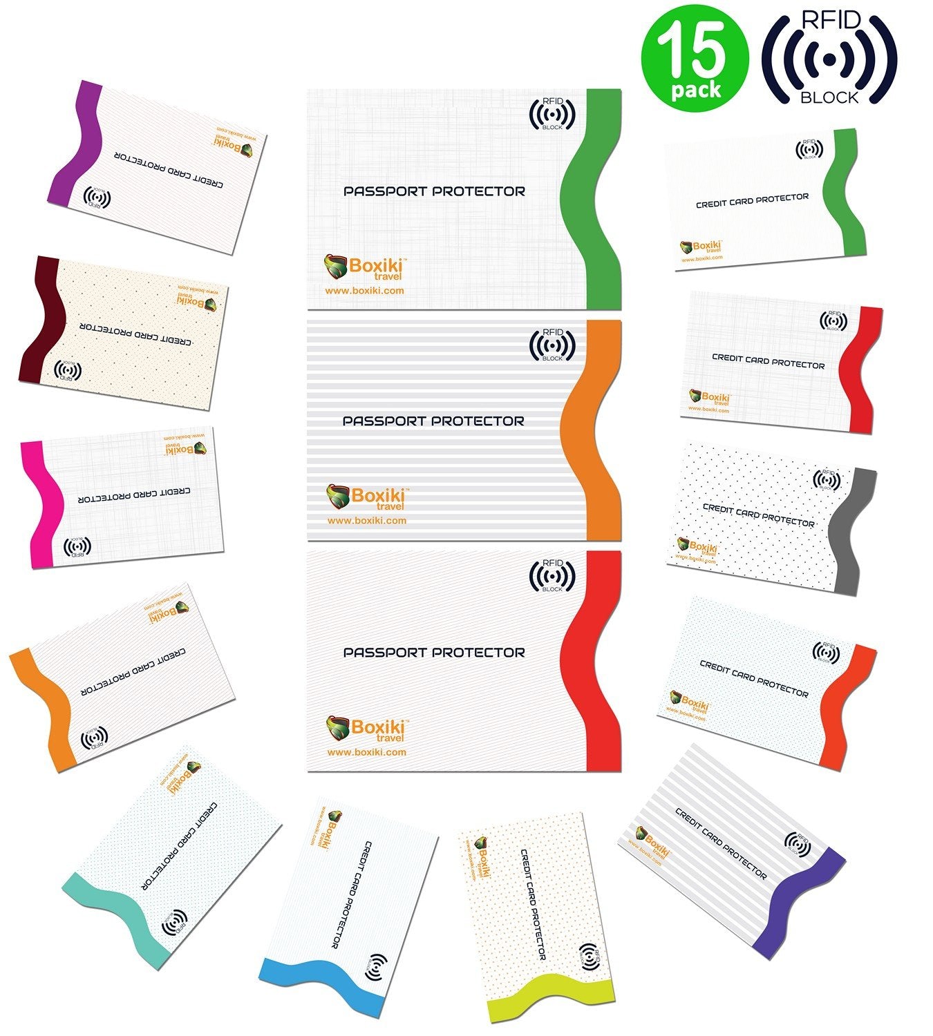 Boxiki Travel Set of 15 RFID, Set with Color Coding | Identity Theft Prevention RFID Blocking Envelopes and Passport Covers (White Collection)