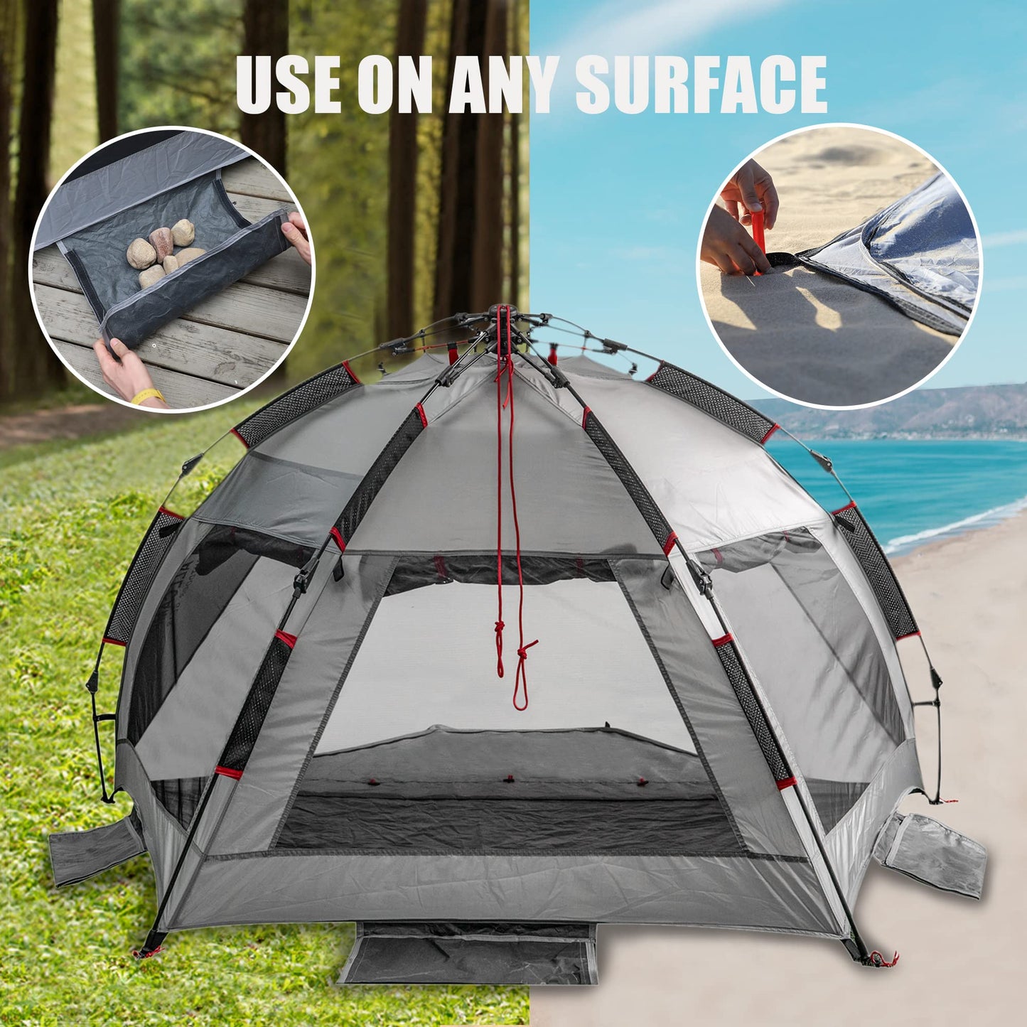 apollo walker Beach Tent Sun Shelter 3-4 Person Easy Setup Portable Sunshade Canopy Large,Extended Floor,Stakes,Sand Pockets,UPF 50+ Waterproof Windproof Outdoor Camping Fishing Picnic