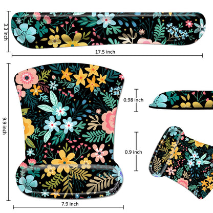 3 in 1 Ergonomic Mouse Pad with Wrist Rest and Keyboard Wrist Support Set with Coaster, Cute Wrist Pad with Non-Slip Rubber Base and Raised Memory Foam, Easy Typing & Pain Relief, Weeds Flower