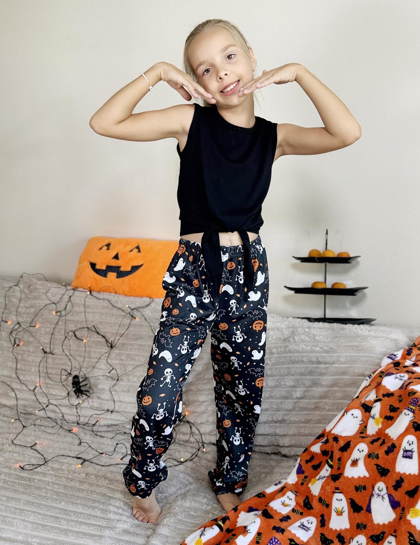 Arshiner Girls Pajama Pants Kids Plaid Pj Pants Comfy Lounge Sleepwear Bottoms with Pockets Black Halloween 11-12 Years