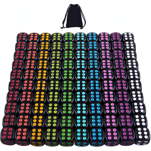 AUSTOR 100 Pieces Black Dice with Colorful Pips 6 Sided Rounded Corner Dice Set with a Storage Bag