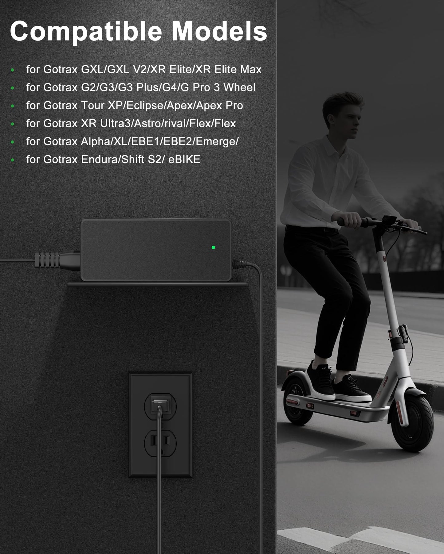 42V 2A for Gotrax Electric Scooter Charger – Compatible with GoTrax GXL V2, Apex, XR Ultra, for Go Trax Electric Scooters with 36V Lithium Battery - Round DC Plug (Not 3-Prong or XLR)