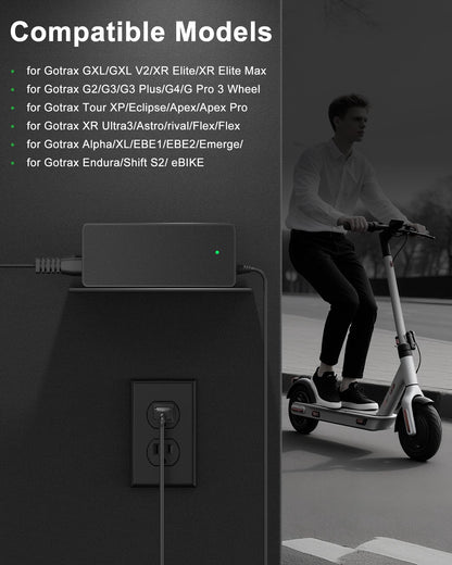 42V 2A for Gotrax Electric Scooter Charger – Compatible with GoTrax GXL V2, Apex, XR Ultra, for Go Trax Electric Scooters with 36V Lithium Battery - Round DC Plug (Not 3-Prong or XLR)