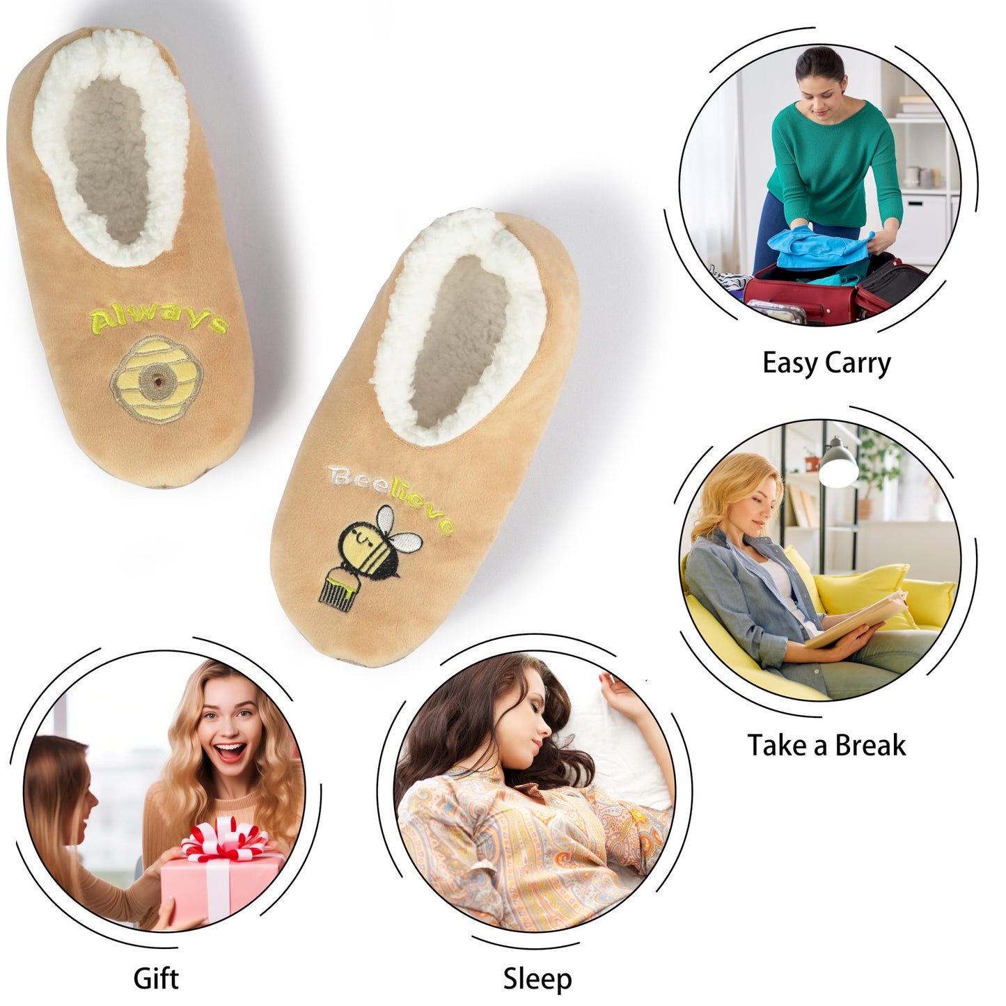 BenSorts Women Slipper Socks with Grippers House Winter Warm Cozy Funny Fuzzy Non Slip Grips Socks Gift Orange Bee Size 7 8 8.5