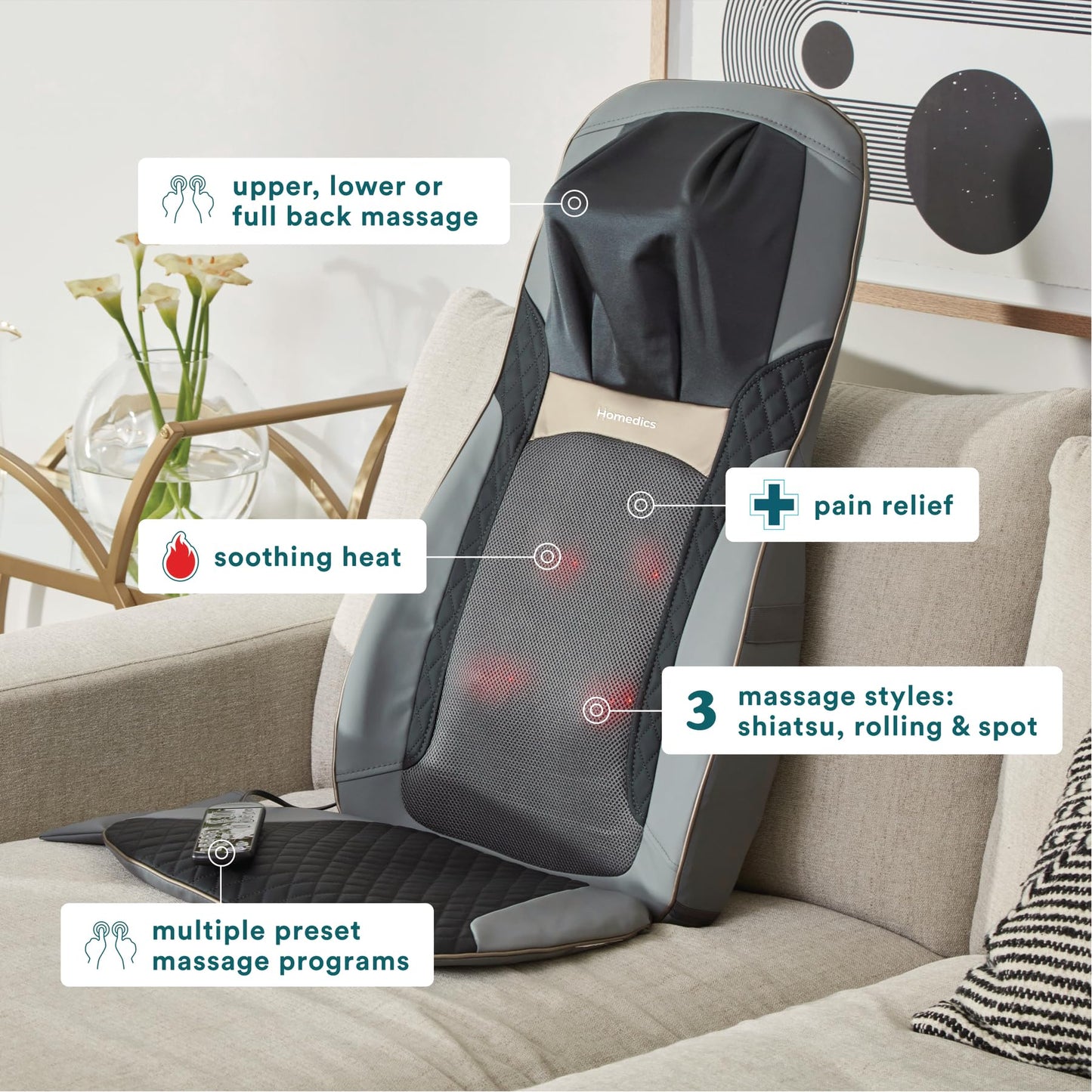 Homedics Back Massager with Heat, Shiatsu Elite II Heated Neck and Back Massage Cushion. 3 Different Massage Styles and 3 Massage Zones. Comes with Controller and Chair Straps
