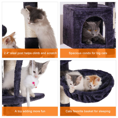 Heybly Cat Tree with Toy, Cat Tower Condo for Indoor Cats, Cat House with Padded Plush Perch, Cozy Hammock and Sisal Scratching Posts, Smoky Gray HCT004SG