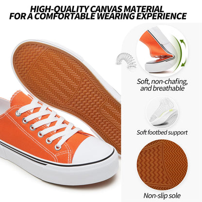 Adokoo Canvas Tennis Shoes for Women Low Top Casual White Black Sneakers for Women Lace Up Fashion Comfortable Walking Shoes (Orange,7)
