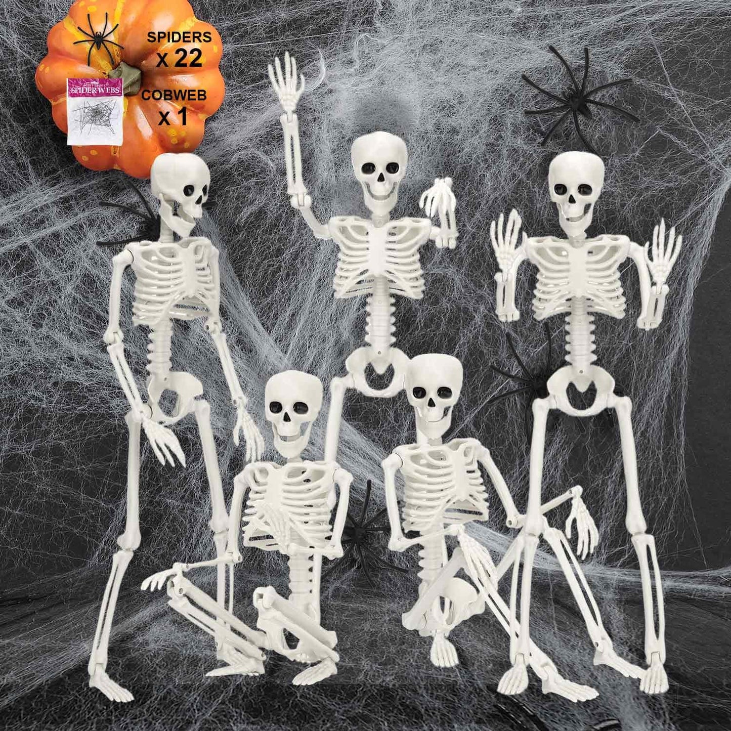 5 Pack Posable Skeleton Halloween Decorations, 16in Halloween Skeleton Decor- Full Body Movable Joints with 22 Spiders & Cobweb, Outdoor/Indoor Scary Party Graveyard Props Hanging Skeletons
