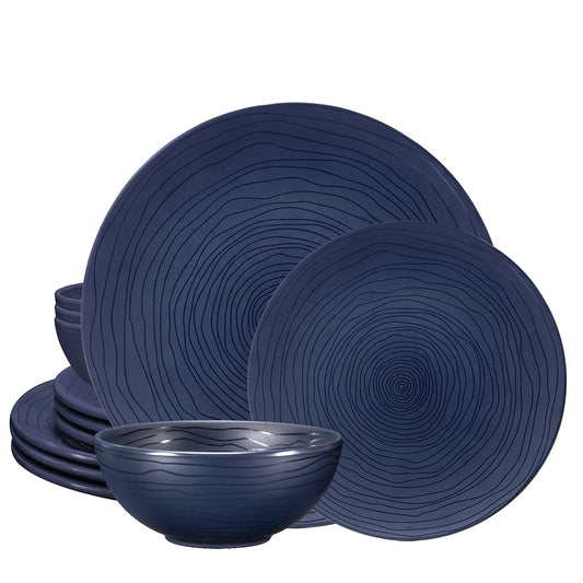 Bzyoo 12 Piece Melamine Dinnerware Set - Durable, Dishwasher Safe, Organica Navy Blue Plates and Bowls Sets Casual Dish Set for Dining, Outdoor and Kitchen