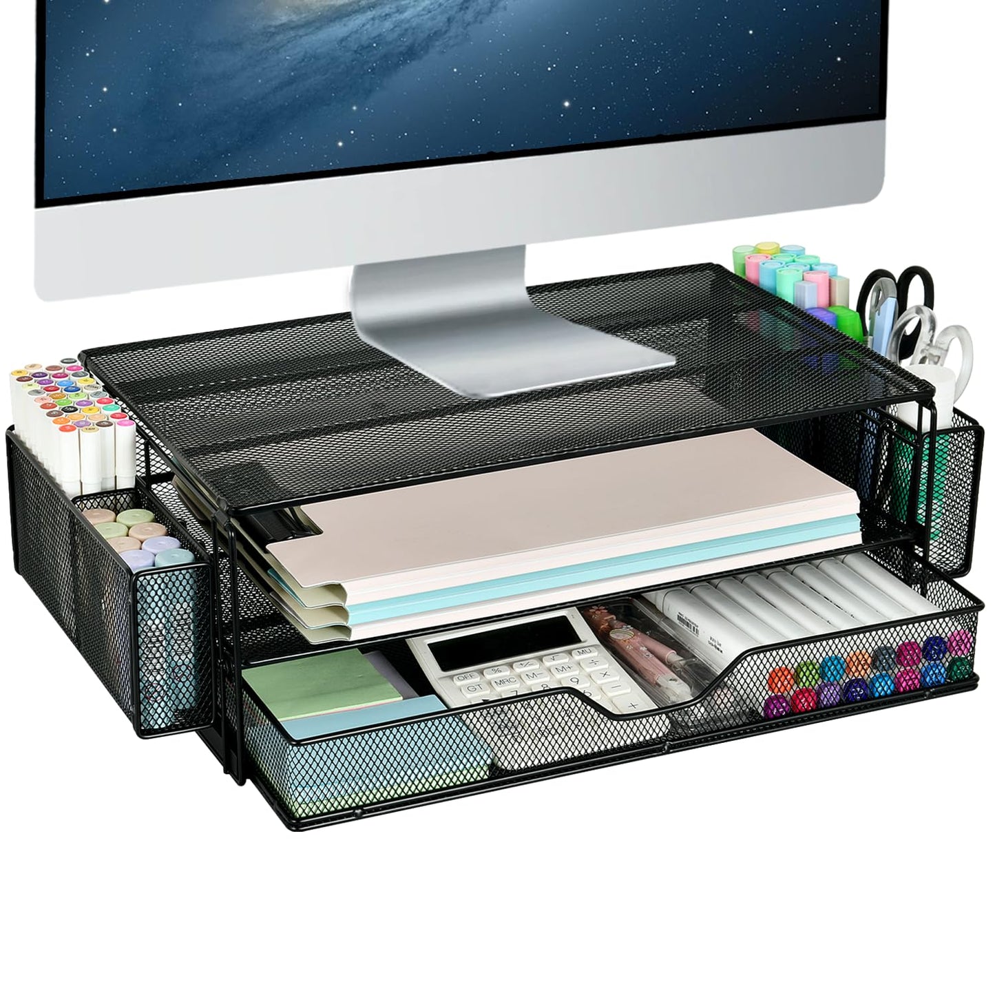 AUPSEN 2 Tier Computer Monitor Stands with Drawer and 2 Pencil Holder, Metal Monitor Stand Monitor riser, Computer Desk Organizer and Accessories for Laptop, Computer, Printer, Office Supplies(Black)