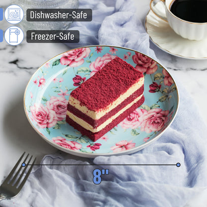 BTaT- Porcelain Floral Dessert Plates, 8 inch, Set of 6, Deep Plates, Porcelain Bone China, Appetizer Plates, Floral Plates, Salad Plates, Small Plates Set, Small Dishes