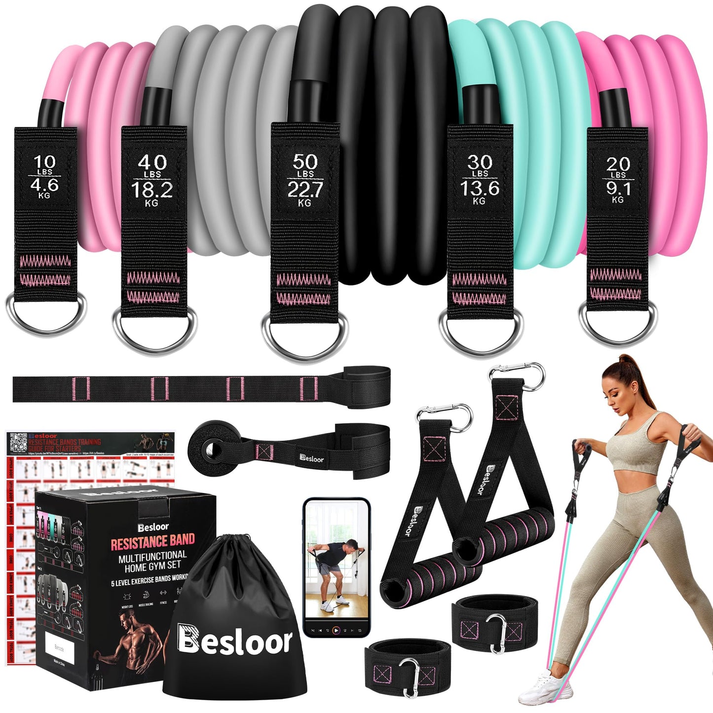 Besloor Resistance Band Set. Exercise Bands with Handles, Door Anchor and Ankle Strap. Home Gym, Supports Full-Body Workouts - with Training Guide and Fitness Video (Pink)