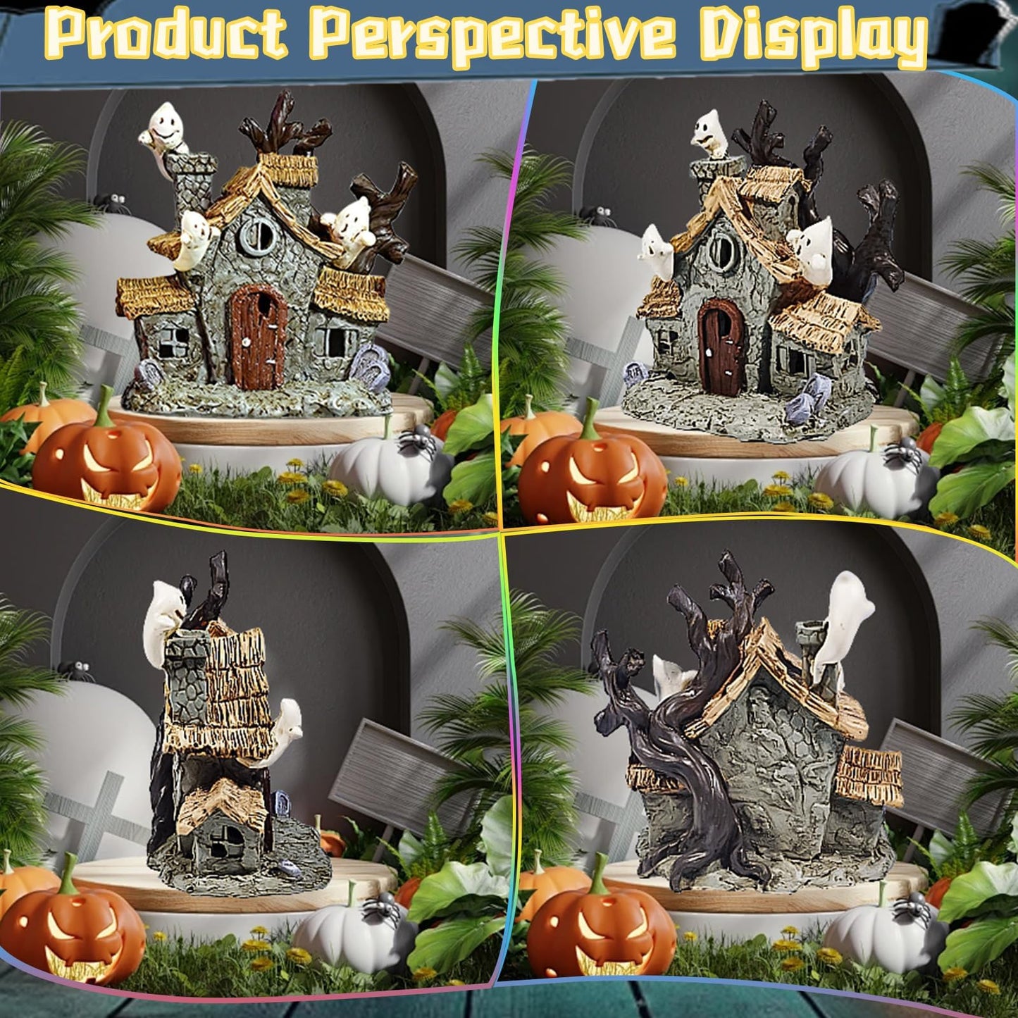 Warmtree Halloween Villages Decoration, Halloween Ghost House Resin Statue Ghosts Figurine Witch Decor for Table Outdoors Indoor Home Party Decor,5 Inch