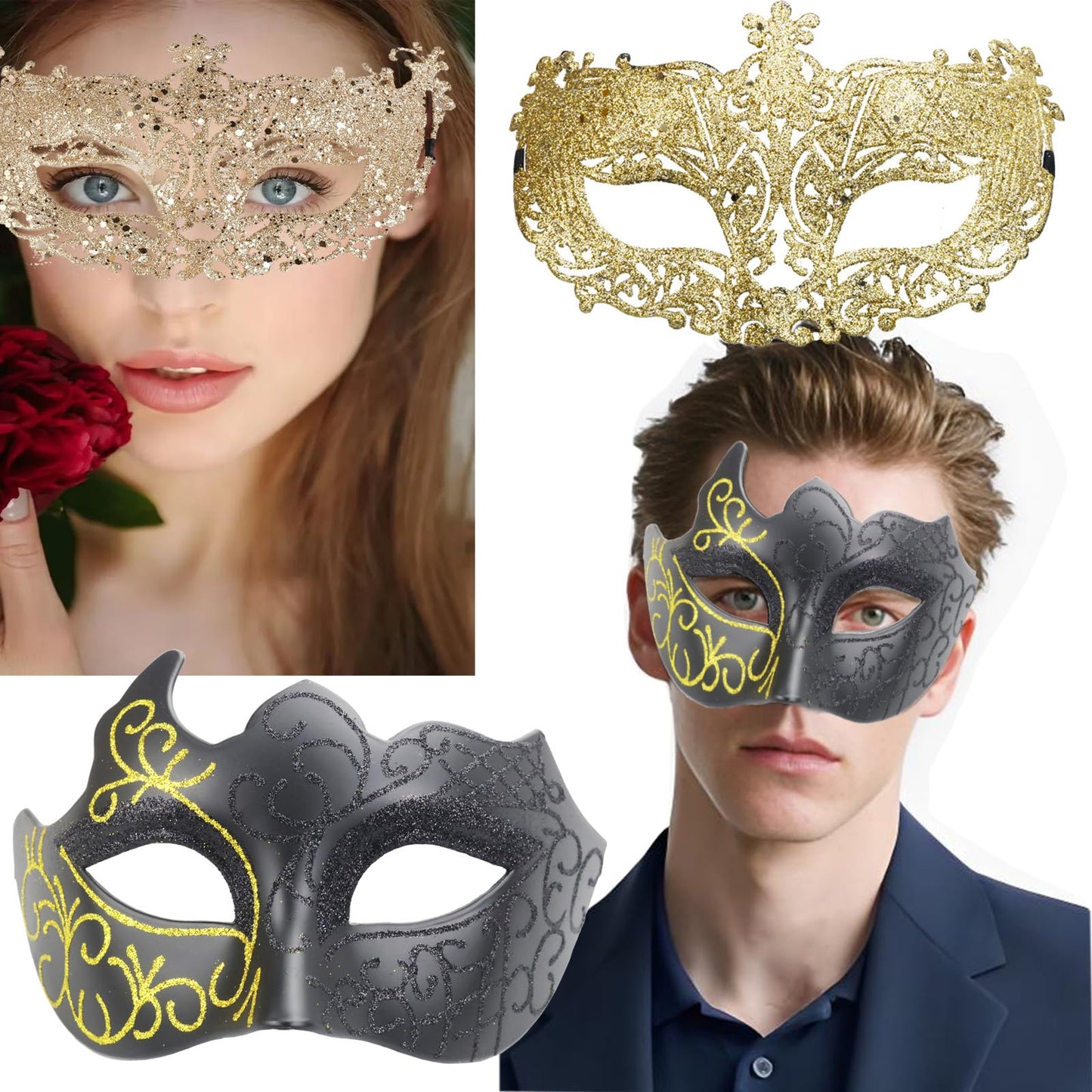 Arlai Couples Masquerade Mask Set, Man & Women Mask Venetian Besties-Prom for Mardi Gras,Christmas decorations, Halloween and Parties Costume Mask