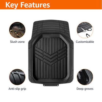 Amazon Basics 3-Piece All-Weather Heavy Duty, Full Set Rubber Floor Mats for Universal Fit in Cars, SUVs, and Trucks, Black, Trim to Customize