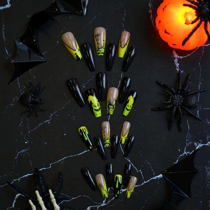 BABALAL Halloween Press on Nails Long Coffin Fake Nail Black Glue ons Green French Tip Ghost Design Acrylic False Nails Ballerina 24Pcs Manicure Full Cover Artificial