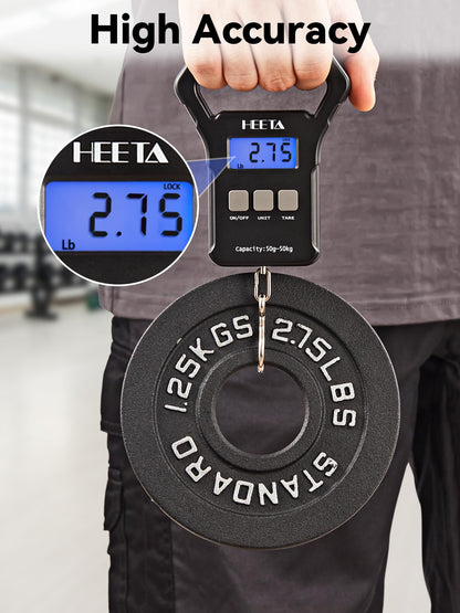 HEETA Fish Scale, 110lb/50kg Digital Portable Hanging Fishing Weight Scale with Backlit LCD Display, Luggage Scale with Non-Slip Large ABS Handle & 2 AAA Batteries, Fishing Gifts Gear for Men, Black