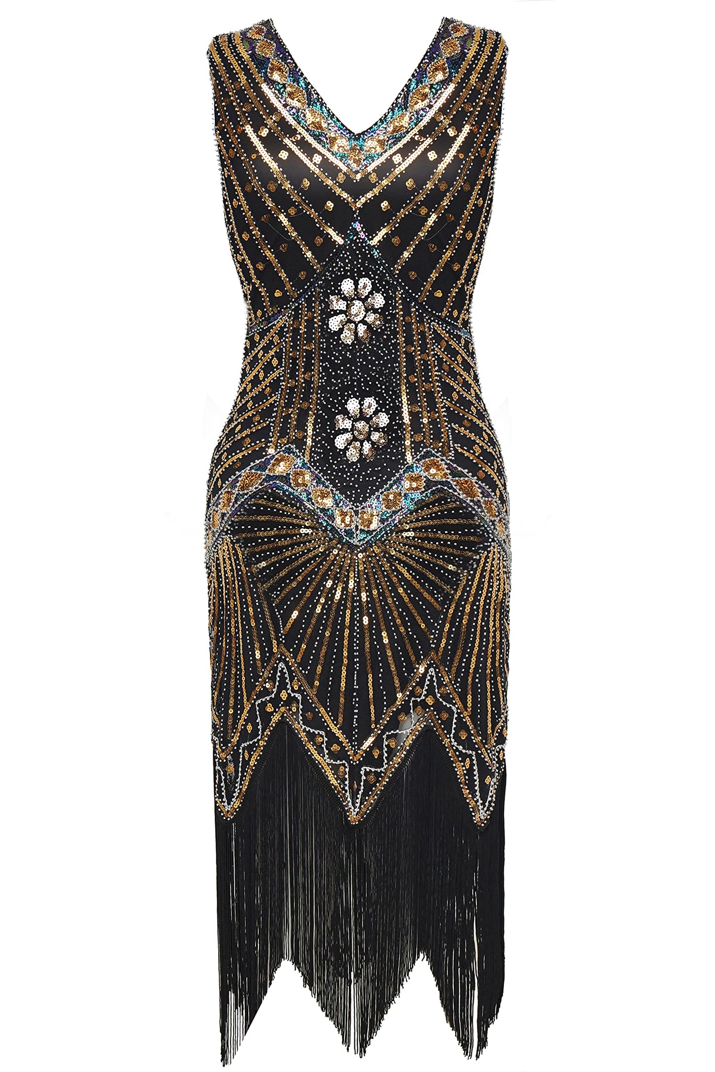 BABEYOND Women's Flapper Dresses 1920s V Neck Beaded Fringed Great Gatsby Dress Gold