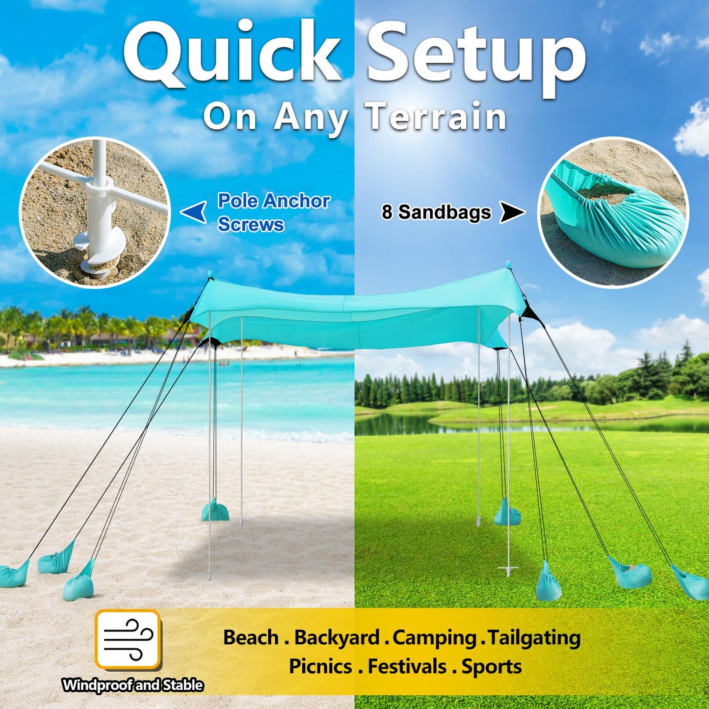 Beach Tent, Camping Tent UPF50+ with 8 Sandbags, Beach Essentials for 6-12 Persons, Beach Shade Canopy with Stability Poles and Big Ground Pegs, Pop Up Canopy for Camping, Picnics, 10X10FT Turquoise