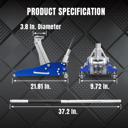 BIG RED T815016L Torin Hydraulic Low Profile Aluminum and Steel Racing Floor Jack with Dual Piston Quick Lift Pump, 1.5 Ton (3,000 lb) Capacity, Blue, T815016L