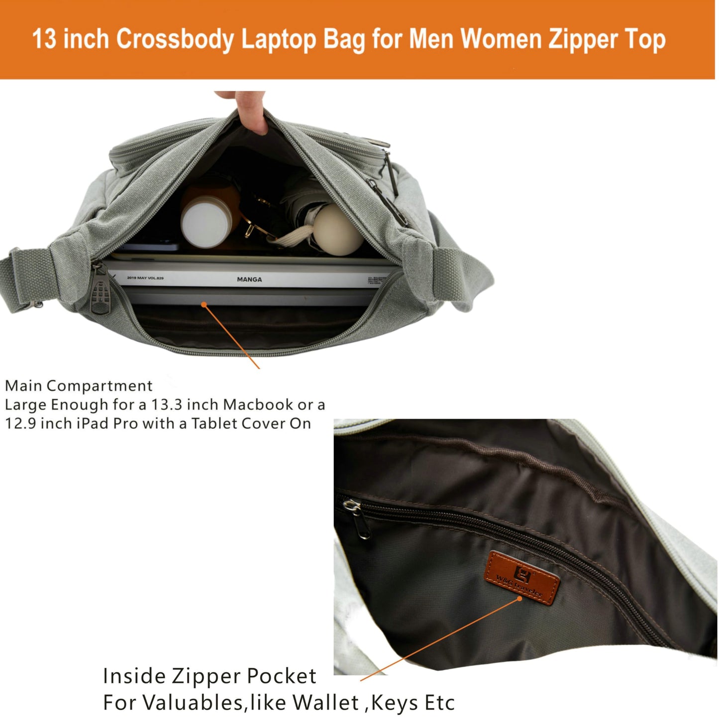 Anti-theft Crossbody Bag, Rfid Messenger Bag with Water Bottle Holders, 13 inch Shoulder Laptop Bag W/Built-in Wallet for Work, Travel, Tool, Commute, Camera, Grey