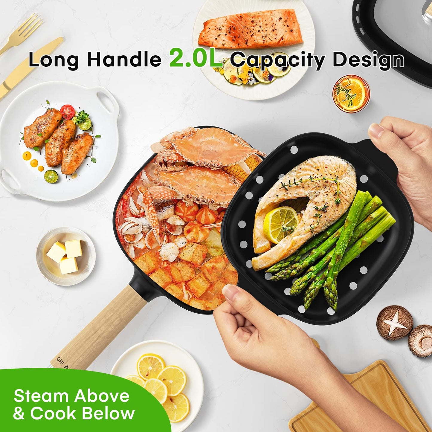 Audecook Hot Pot Electric 2L, Cermic Glaze Non-Stick Frying Pan 8 Inch, Portable Travel Cooker for Ramen/Steak/Fried Rice/Oatmeal/Soup, with Dual Power Control (Silicone Spatula Included)