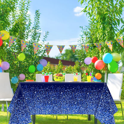3pcs Blue Silver Tablecloths Denim and Diamonds Party Decorations Navy Blue and Silver Tablecloth Disposable Plastic Royal Blue Confetti Rectangle Table Cover for Birthday Wedding Party Decor Supplies