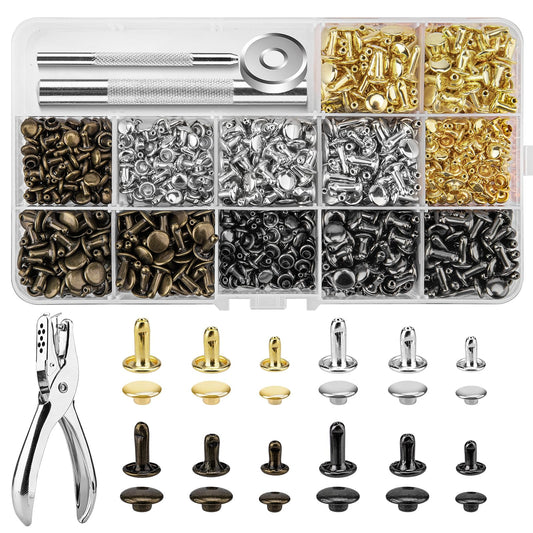 480 Sets Rivets for Leather, 4 Colors 3 Sizes Leather Rivet, Double Cap Rivets with 4 Setting Tools, Suitable for Bags, Decoration