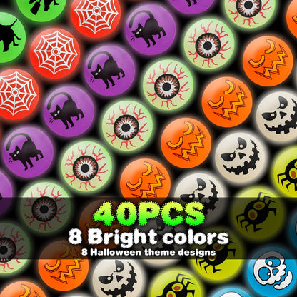 40 Glow in The Dark Bouncing Balls,Halloween Party Favors Supplies,8 Halloween Theme Designs, Trick or Treating Goodie Bag Filler, School Classroom Game Rewards, Halloween Miniatures (with Pouch Bag)
