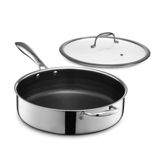 HexClad Hybrid Nonstick 5.5-Quart Deep Sauté Pan with Tempered Glass Lid, Stay-Cool Handle, Dishwasher-Friendly, Oven-Safe Up to 900°F, Induction Ready, Compatible with All Cooktops