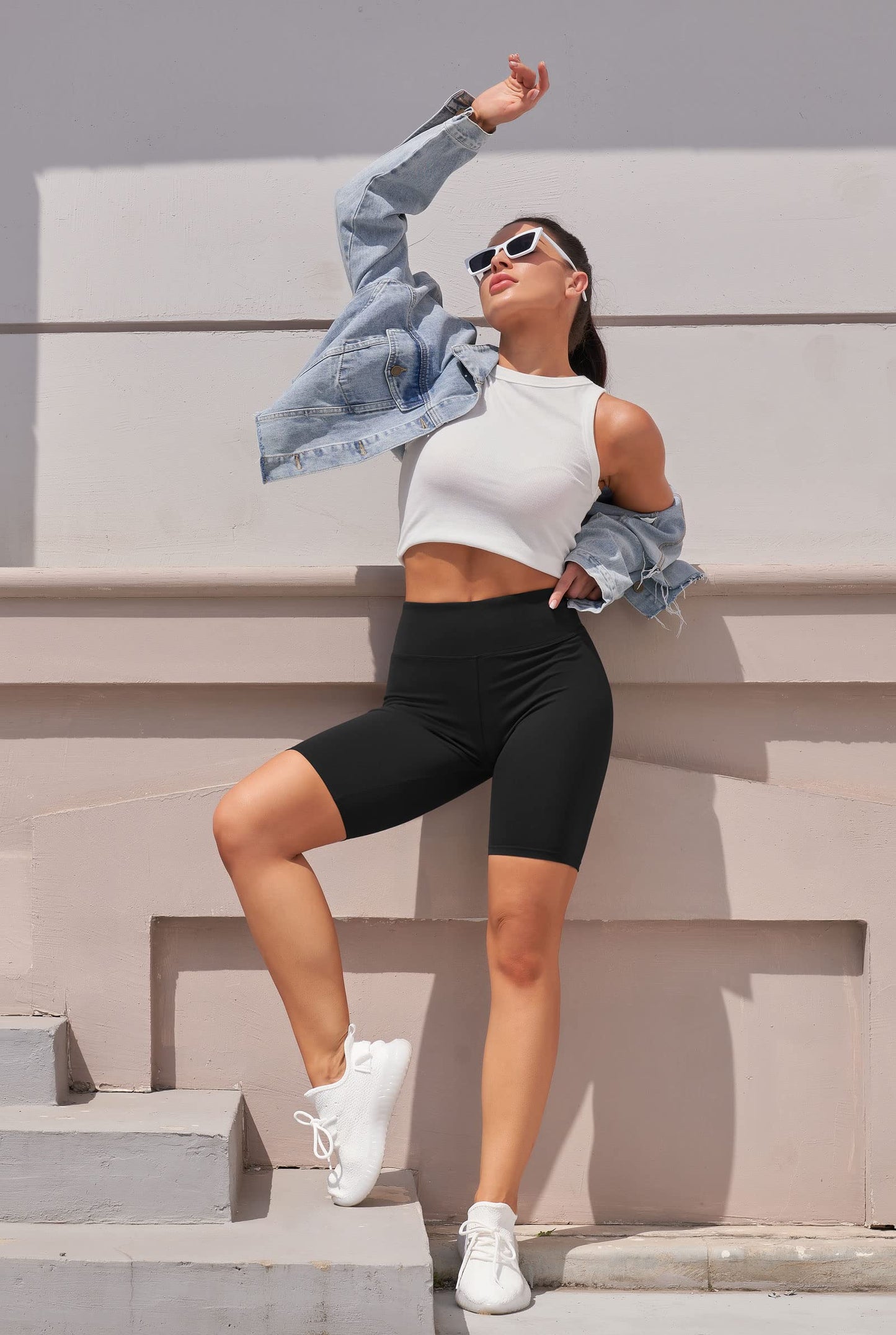 IUGA Biker Shorts for Women High Waist, Ultra Soft Womens Workout Shorts with Inner Pocket Opaque Yoga Gym Running 8" (Black, Large)