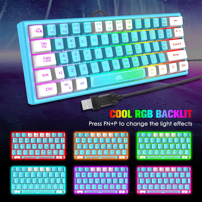 60% Gaming Keyboard and Mouse Combo Duble Color Keycaps Samll RGB Backlight Mechanical Feeling and Mechanical RGB 6400 DPI Honeycomb Optical Mouse,Gaming Mouse pad for Gamers and Typists