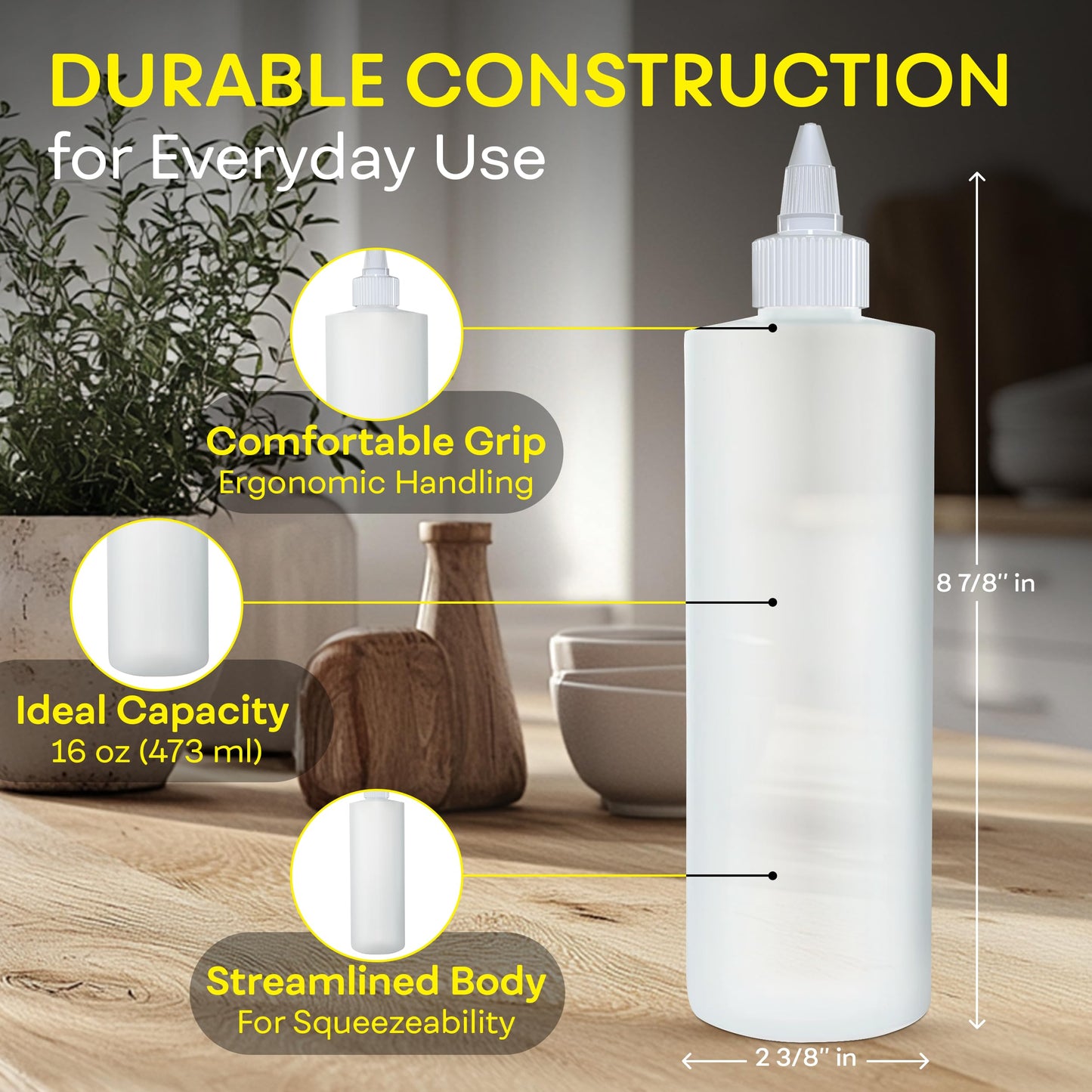 BRIGHTFROM Condiment Squeeze Bottles, 16 OZ Empty Squirt Bottle with Twist Top Cap, Leak Proof - Great for Ketchup, Mustard, Syrup, Sauces, Dressing, Oil, Arts and Crafts, BPA FREE Plastic - 2 PACK