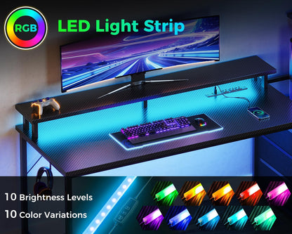 AODK 59 Inch Gaming Desk with USB Charging Ports & LED Light- Reversible Computer Desk with Storage Shelves & Monitor Stand, Modern Gamer Desk Table with Fabric Drawers & Side Hook, Carbon Fiber Black