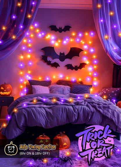 Brightown Halloween Lights Outdoor Battery Operated, 2 Pack Total 33FT 100 LED Battery Fairy Lights with Timer,8 Modes, Waterproof Halloween String Lights for Indoor Bedroom Decoration,Orange & Purple