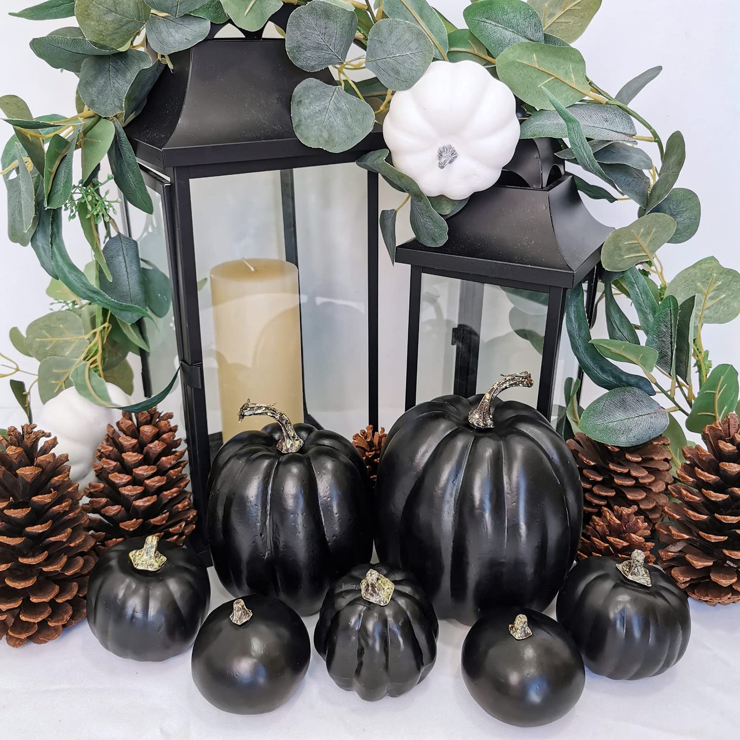 Winlyn 7 Pcs Assorted Artificial Black Pumpkins Halloween Faux Rustic Decorative Foam Pumpkins for Fall Halloween Thanksgiving Tabletop Centerpiece Mantel Kitchen Decor