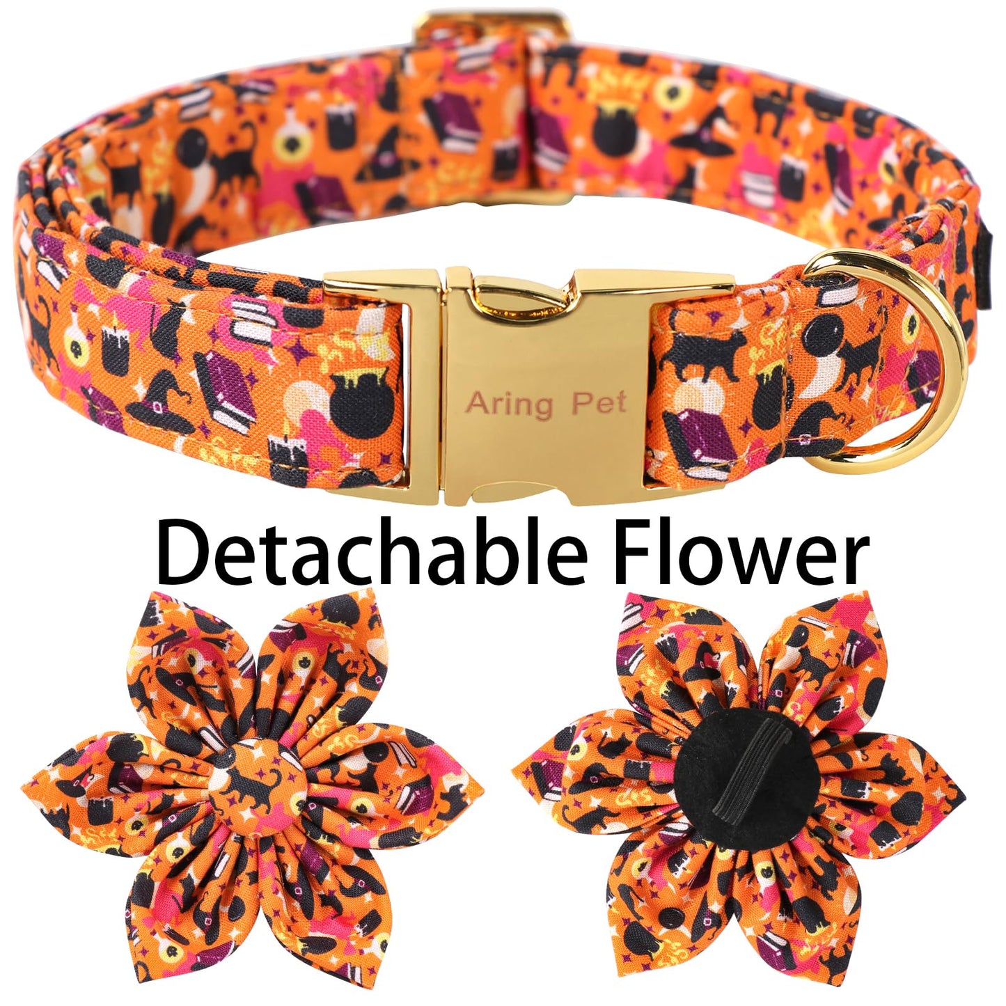 ARING PET Halloween Dog Collars with Detachable Flower, Cat Hat Pet Collar with Metal Buckle for Puppy Small Medium Large Boy Girl Dog-S
