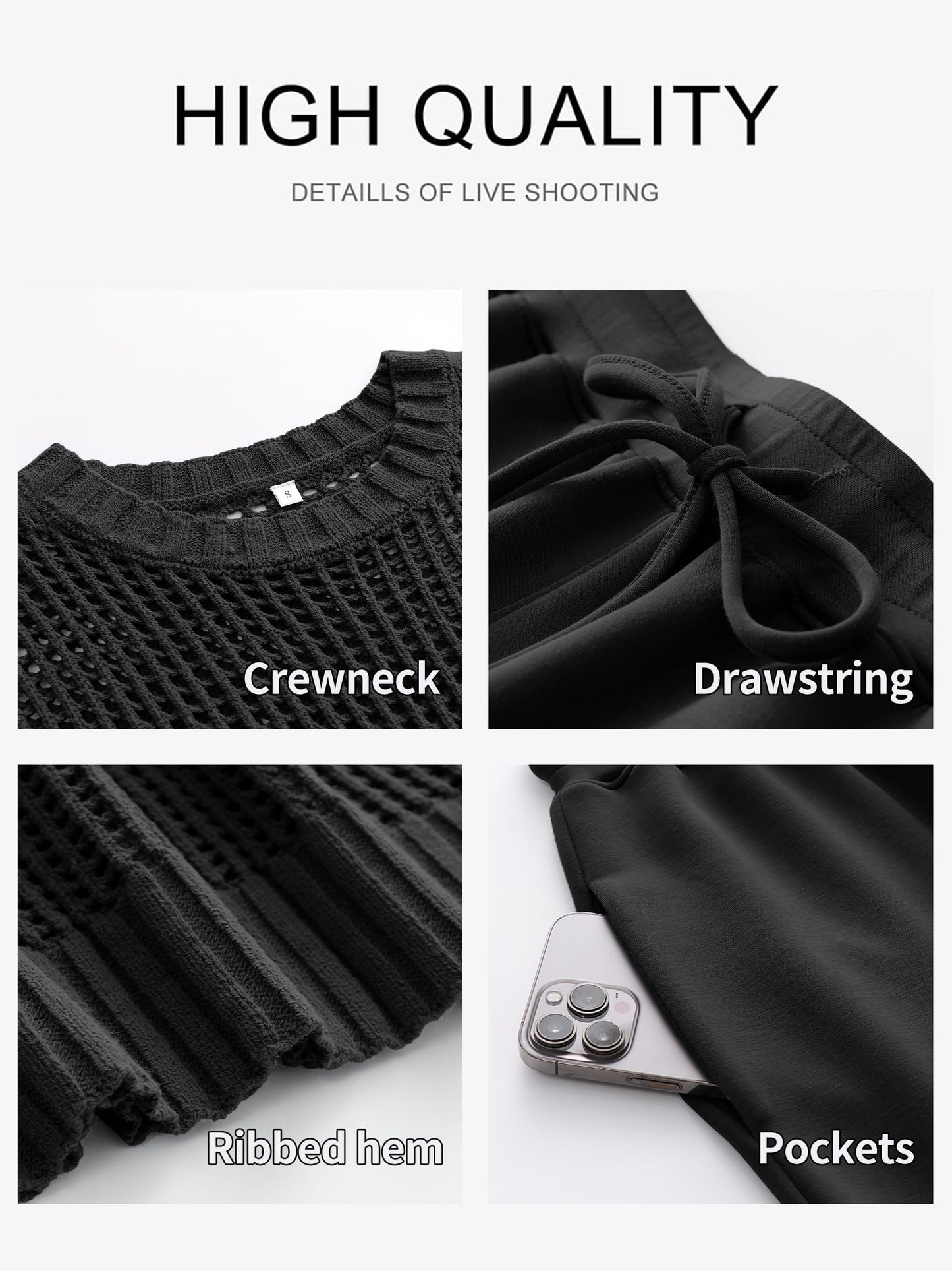 ANRABESS Women Two Piece Outfits Crochet Sheer Knit Sweater Top Wide Leg Pants Lounge Matching Sets Sweatsuit Travel Clothes Black X-Large