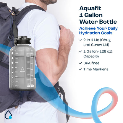 AQUAFIT 1 Gallon Water Bottle with Time Marker - Straw & Chug Lid - BPA Free Gym Water Bottle with Straw - Big Gallon Jug (Gray, 128 oz - 2in1 Lid)