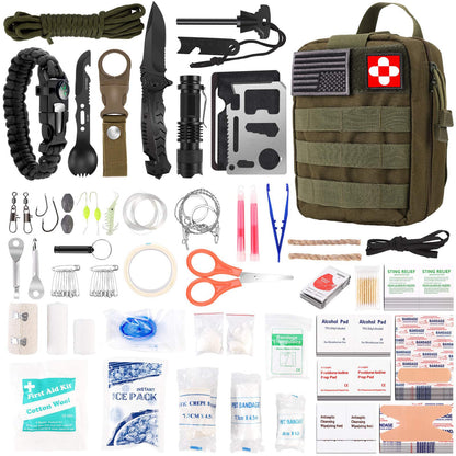 216 Pcs Survival First Aid kit, Professional Survival Gear Equipment Tools First Aid Supplies for SOS Emergency Hiking Hunting Disaster Camping Adventures (Green)